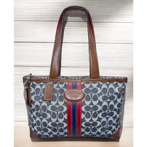 Vintage Coach 7023 Signature Denim Stripe Small Tote Bag & 8697 Skinny Wristlet - Picture 2 of 15